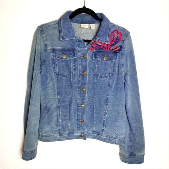 Jackets & Blazers - Zenergy by Chico's French Terry Indigo Stretch Embroidered Jean Jacket, Sz 1 (M)